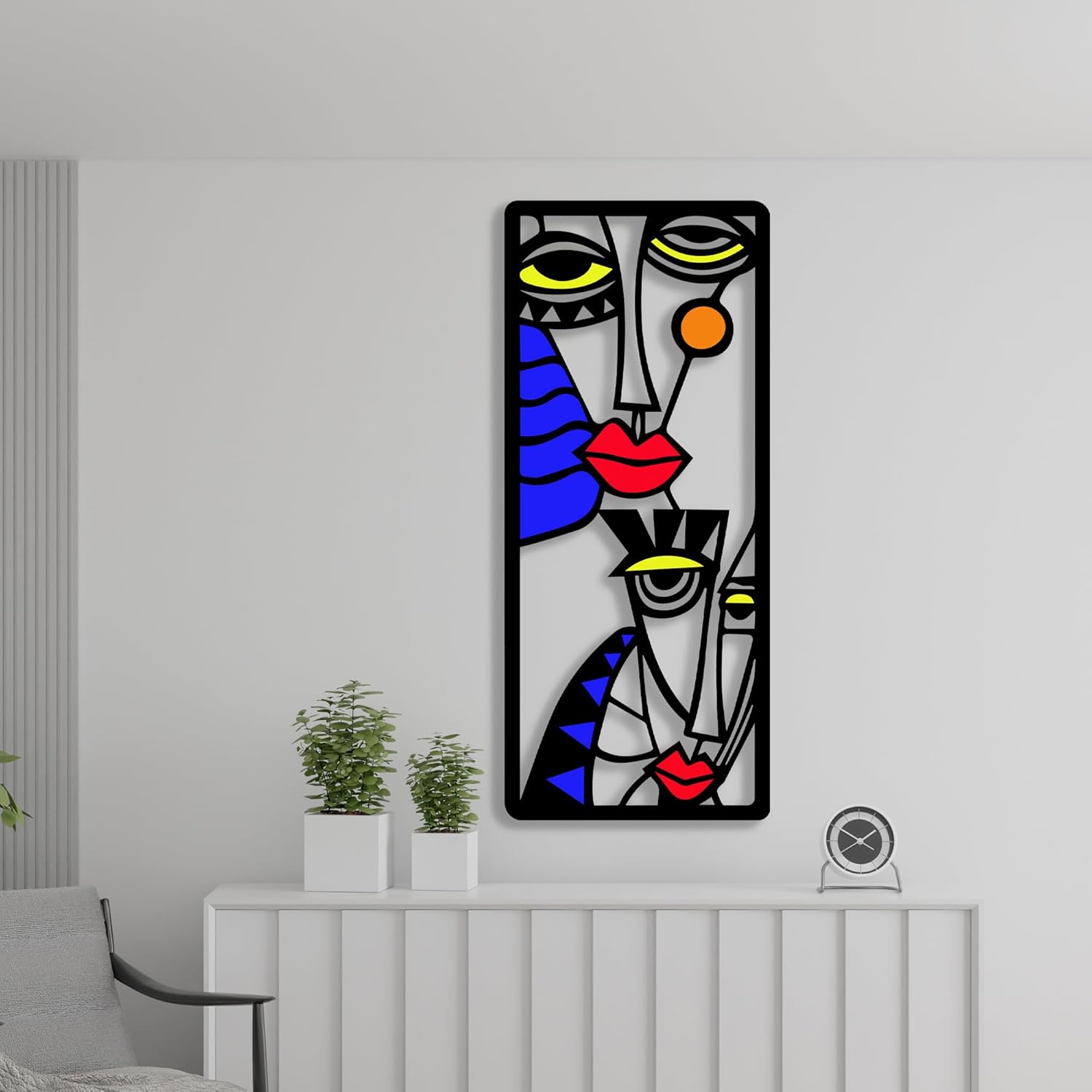 Modern Abstract Multicolor Metal Wall Art Sculpture - 16 Inches LineArt Face Decor