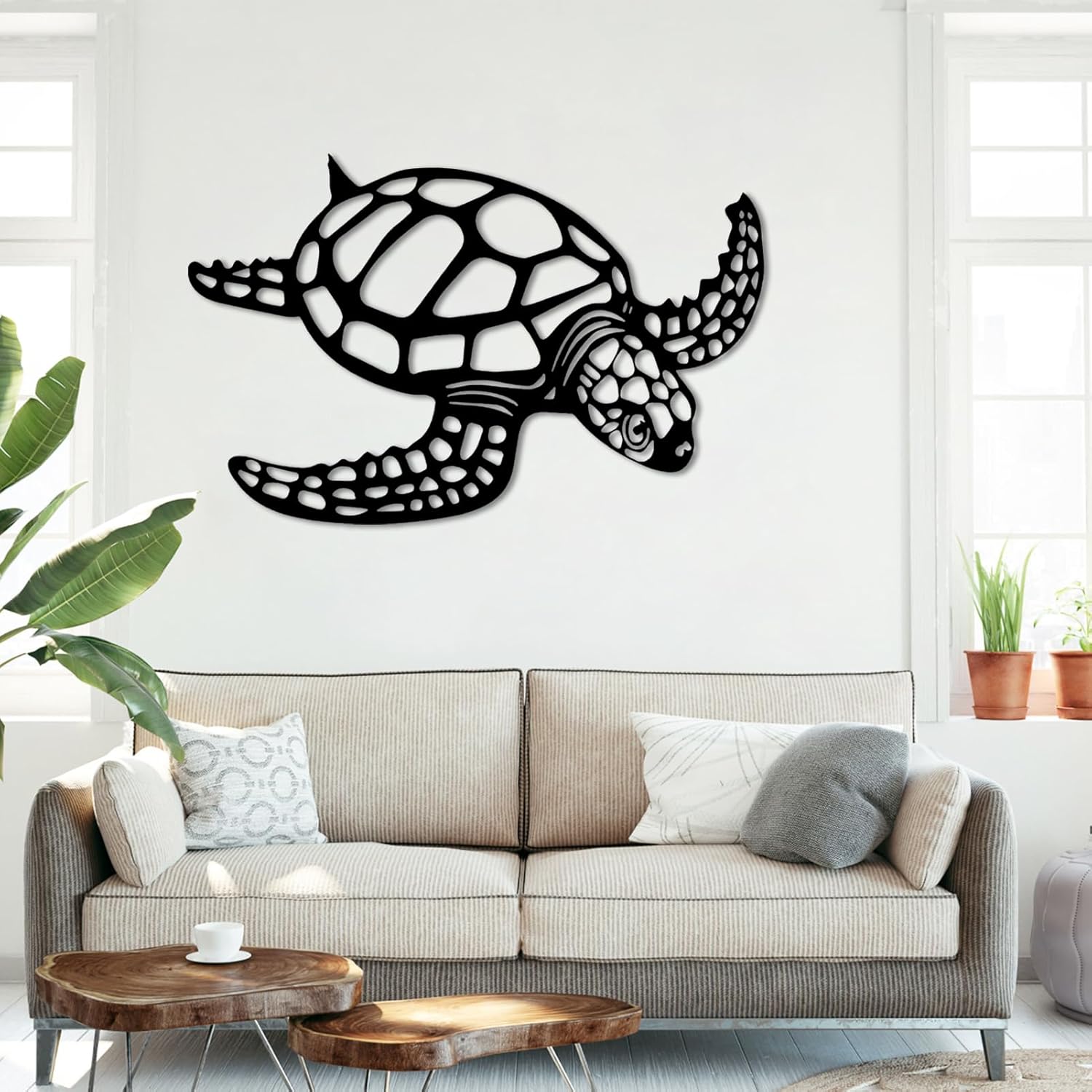Metal Turtle Wall Art - 24x16in White Ocean Decor for Home