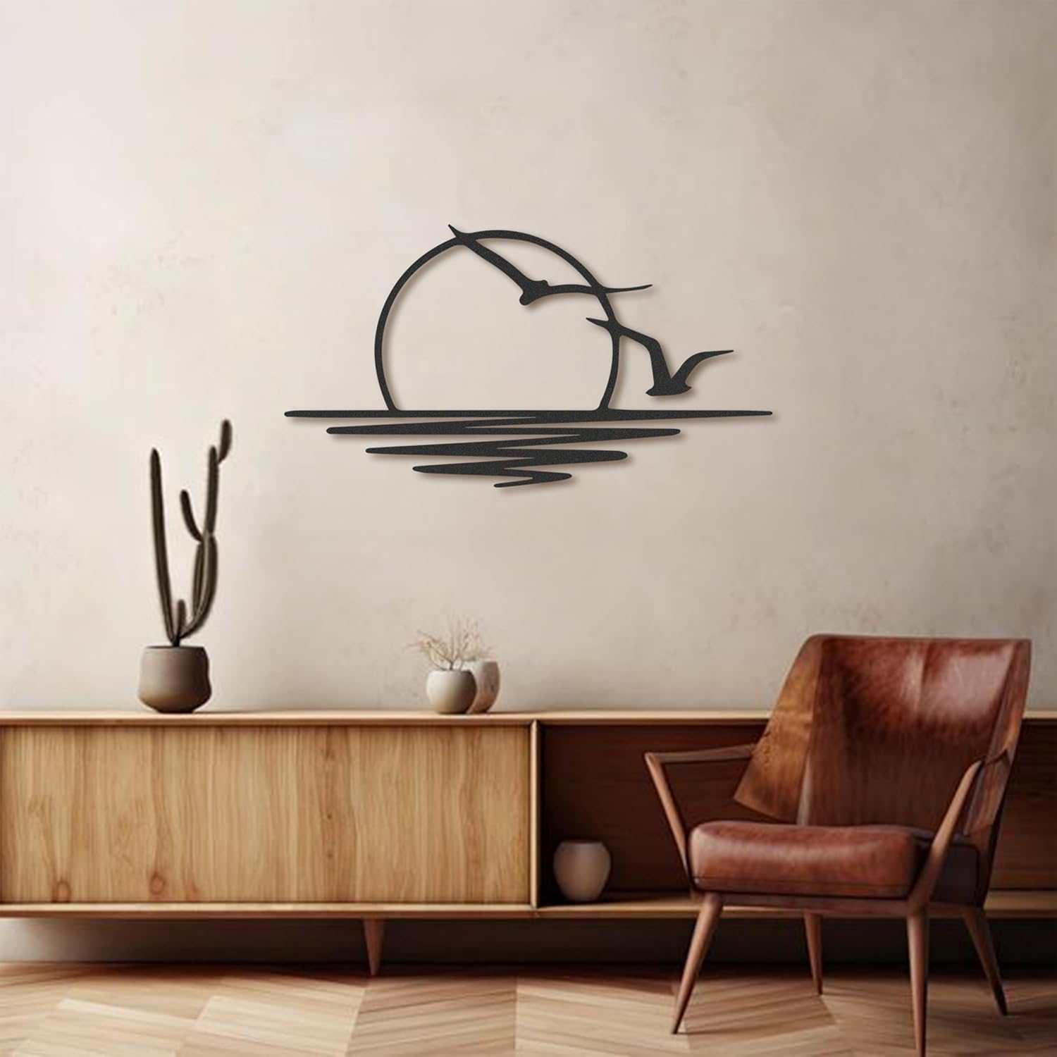 FAWdecor Seagulls Sunset Metal Wall Art - Minimalist Sunrise Sculpture for Home Decor