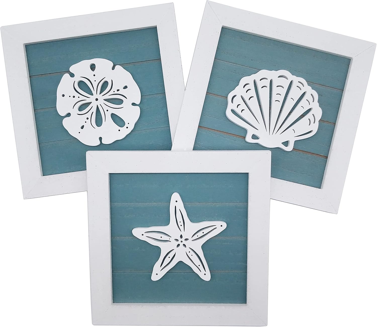 Ocean Theme Wall Decor Set of 3 7x7 in Rustic Beach 3D Starfish Seashell Sand Dollar Wooden Bathroom Decor
