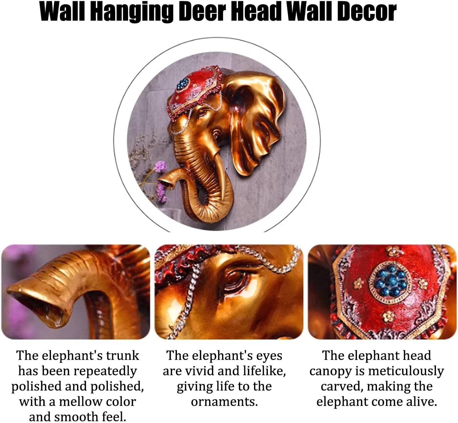 Artificial Resin Elephant Head Wall Sculpture 3D Large Faux Taxidermy Wall Decor