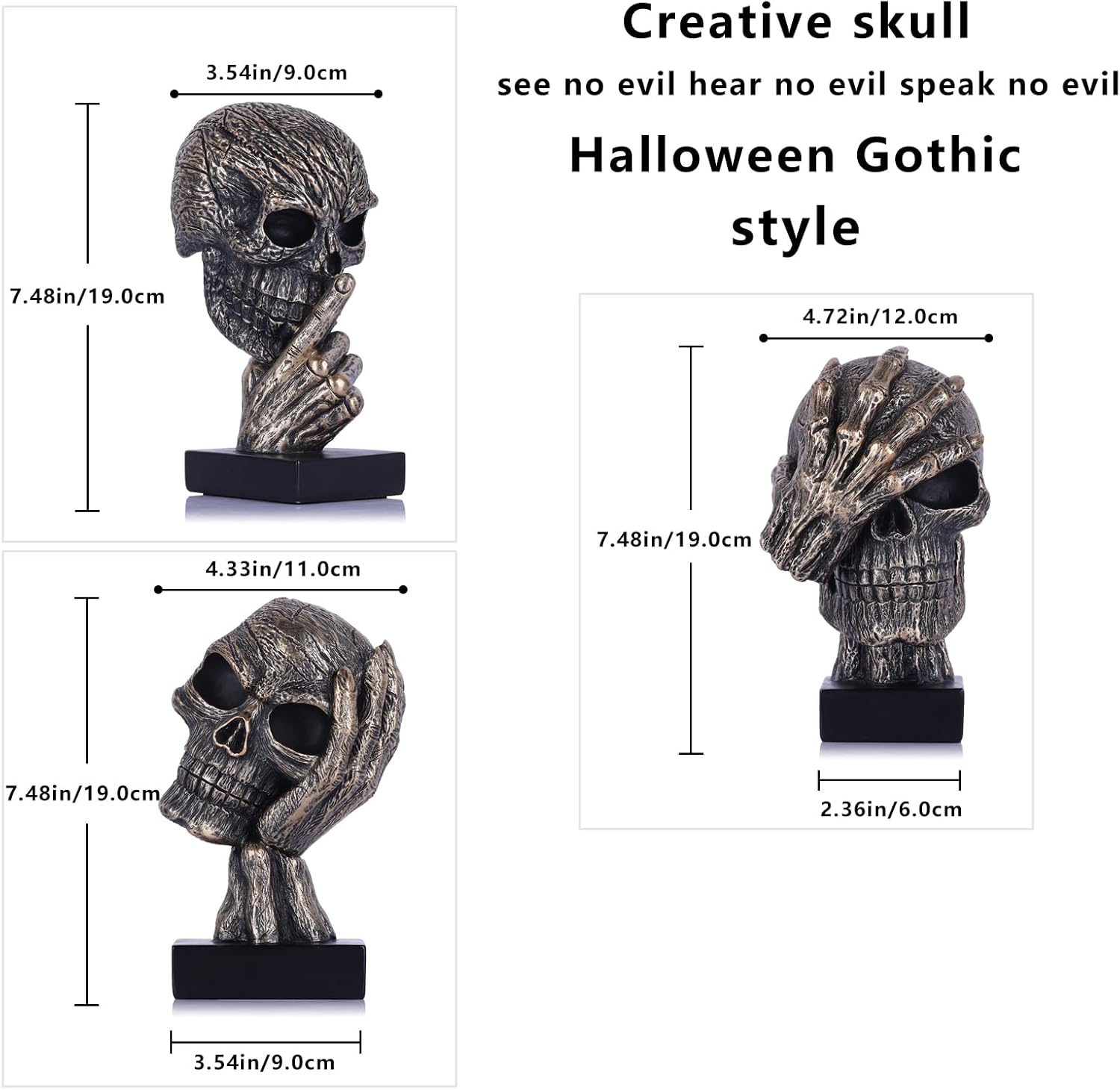 Black and Gold See No Evil Skull Statue - Gothic Halloween Decor