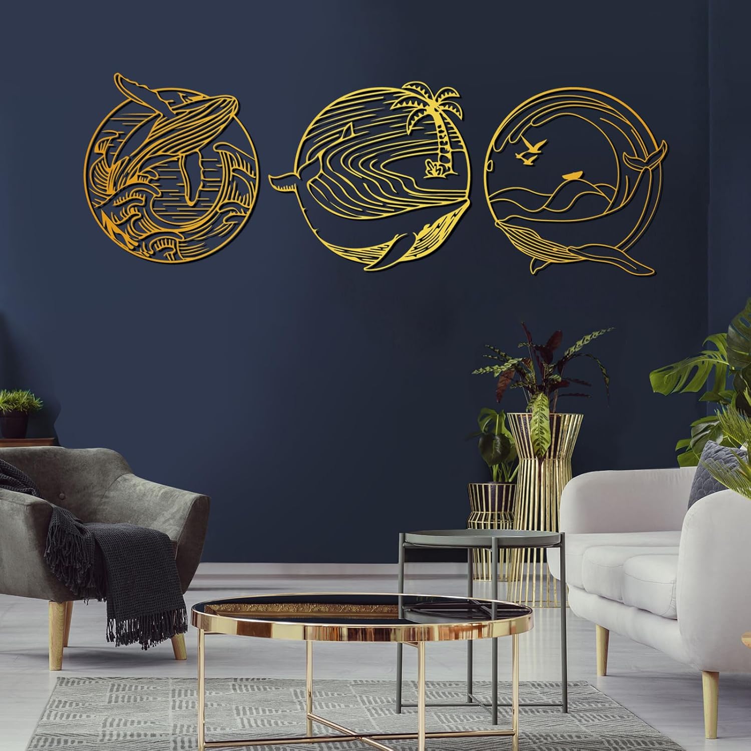 3 Pieces Whale Metal Wall Art Set - Silver Modern Decor Wall Sculptures