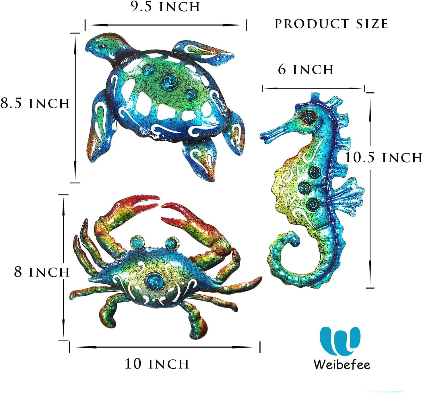 Weibefee 10 Inch Metal Wall Art Set of 3 Sea Turtle Seahorse Crab