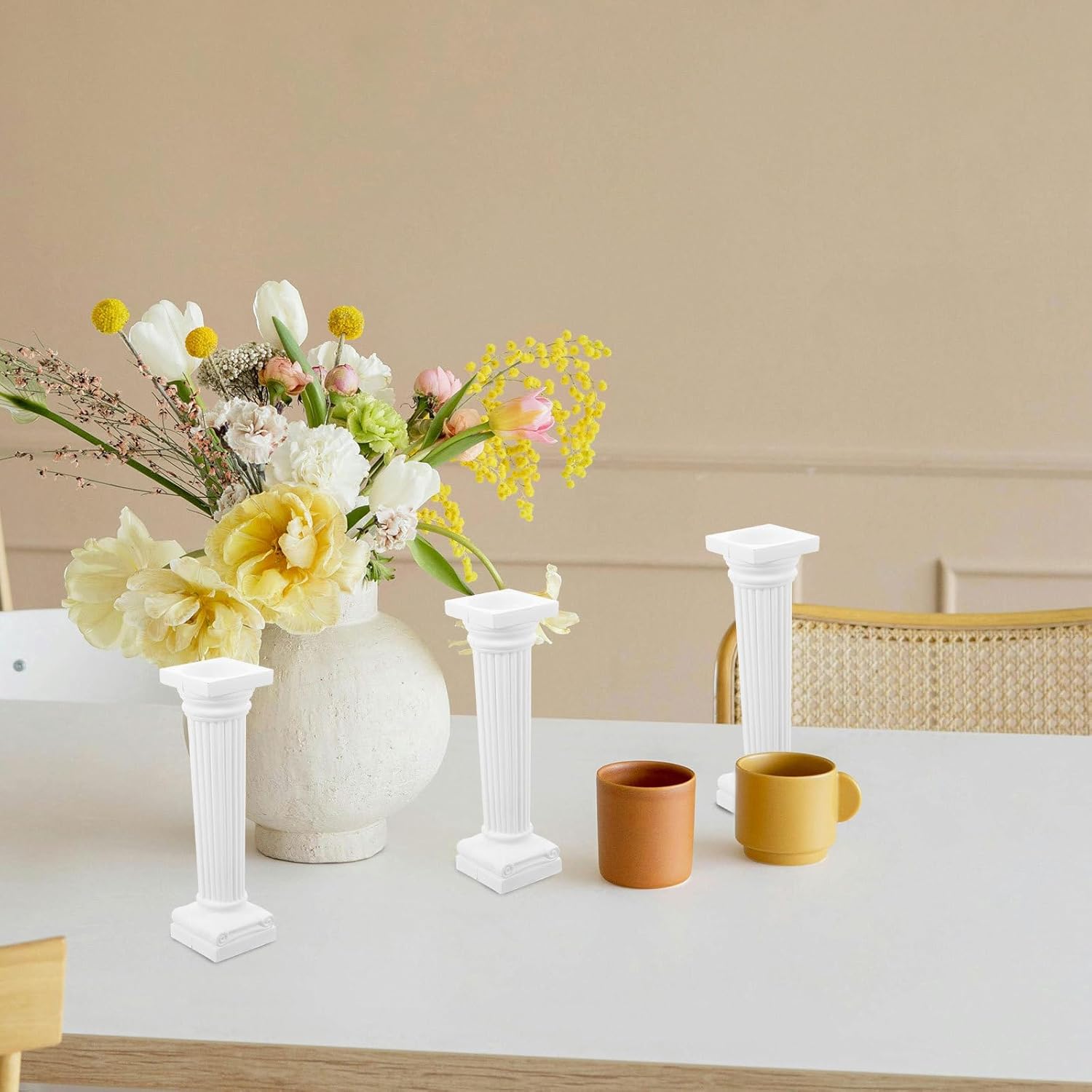 6pcs Roman Pillar Statue Decor - White Plastic Mini Figurine for Home and Wedding