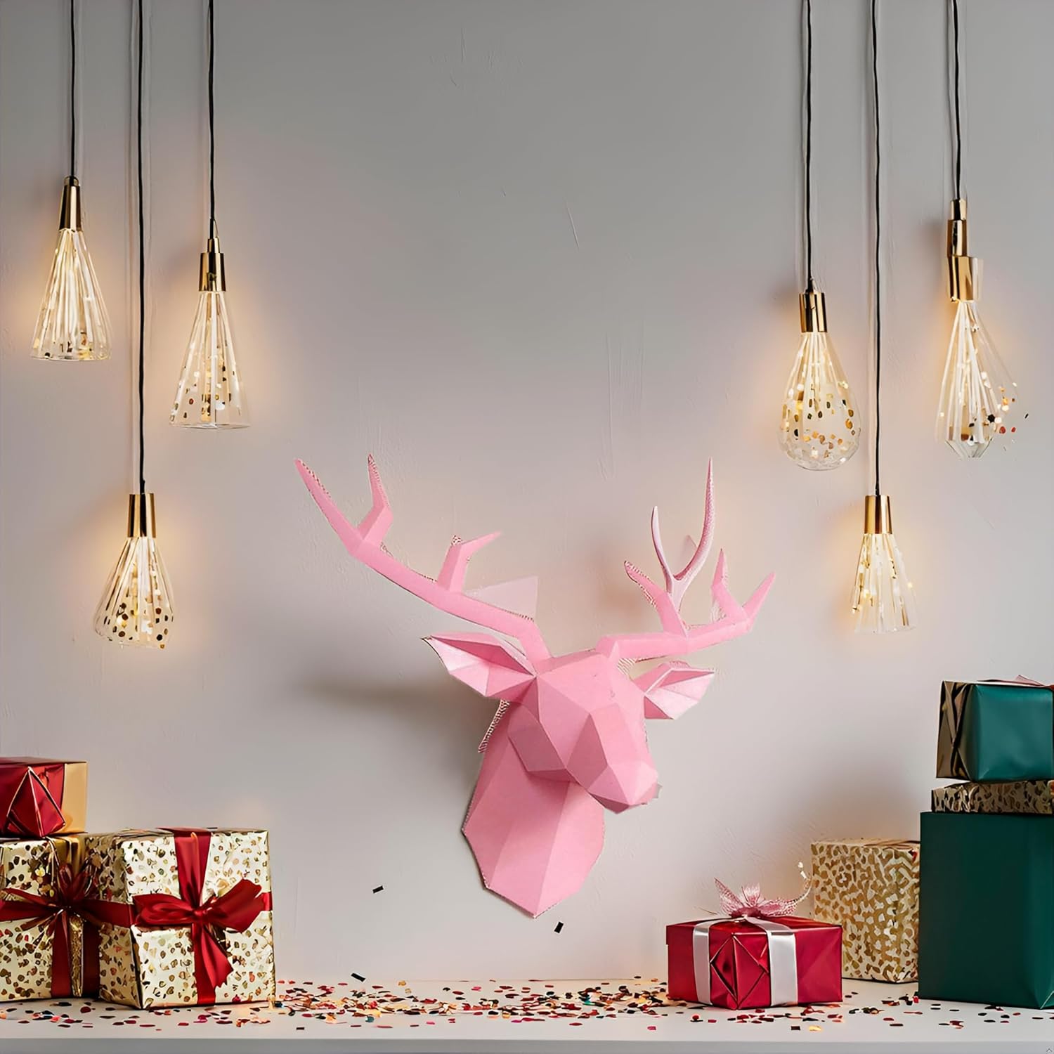 Geometric Deer Head Wall Sculpture - Pink Modern 3D Resin Wall Decoration