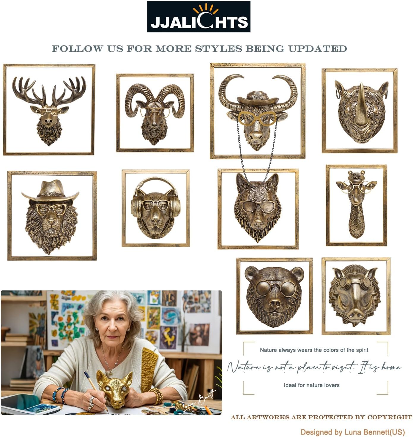 JJALIGHTS Resin Animal Head Wall Sculpture - Imitation Copper Vintage Decor for Living Room Bedroom Office