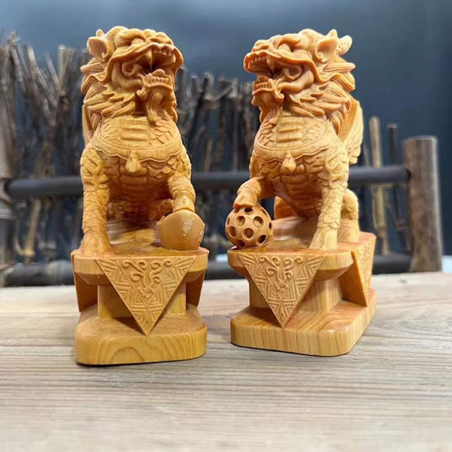 Pair of Fu Foo Dogs Statues Solid Wood Feng Shui Decor Figurines