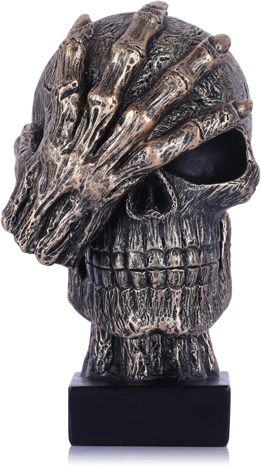 Black and Gold See No Evil Skull Statue - Gothic Halloween Decor