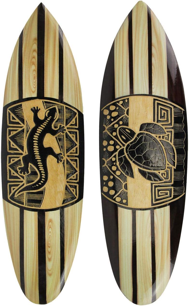 Set of 2 Hand Carved Wood Surfboards Tiki Decor Wall Sculptures