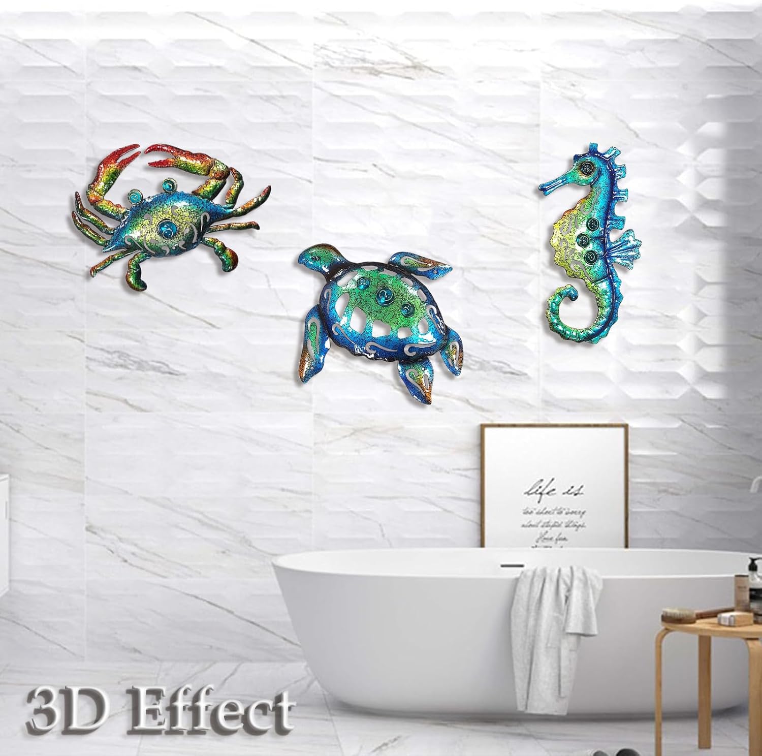 Weibefee 10 Inch Metal Wall Art Set of 3 Sea Turtle Seahorse Crab