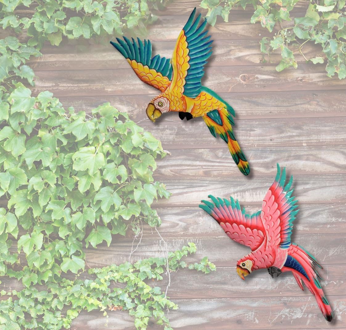Handmade Wall Sculpture Metal Parrot Coral Yellow Blue Teal Medium Haiti Artisanat