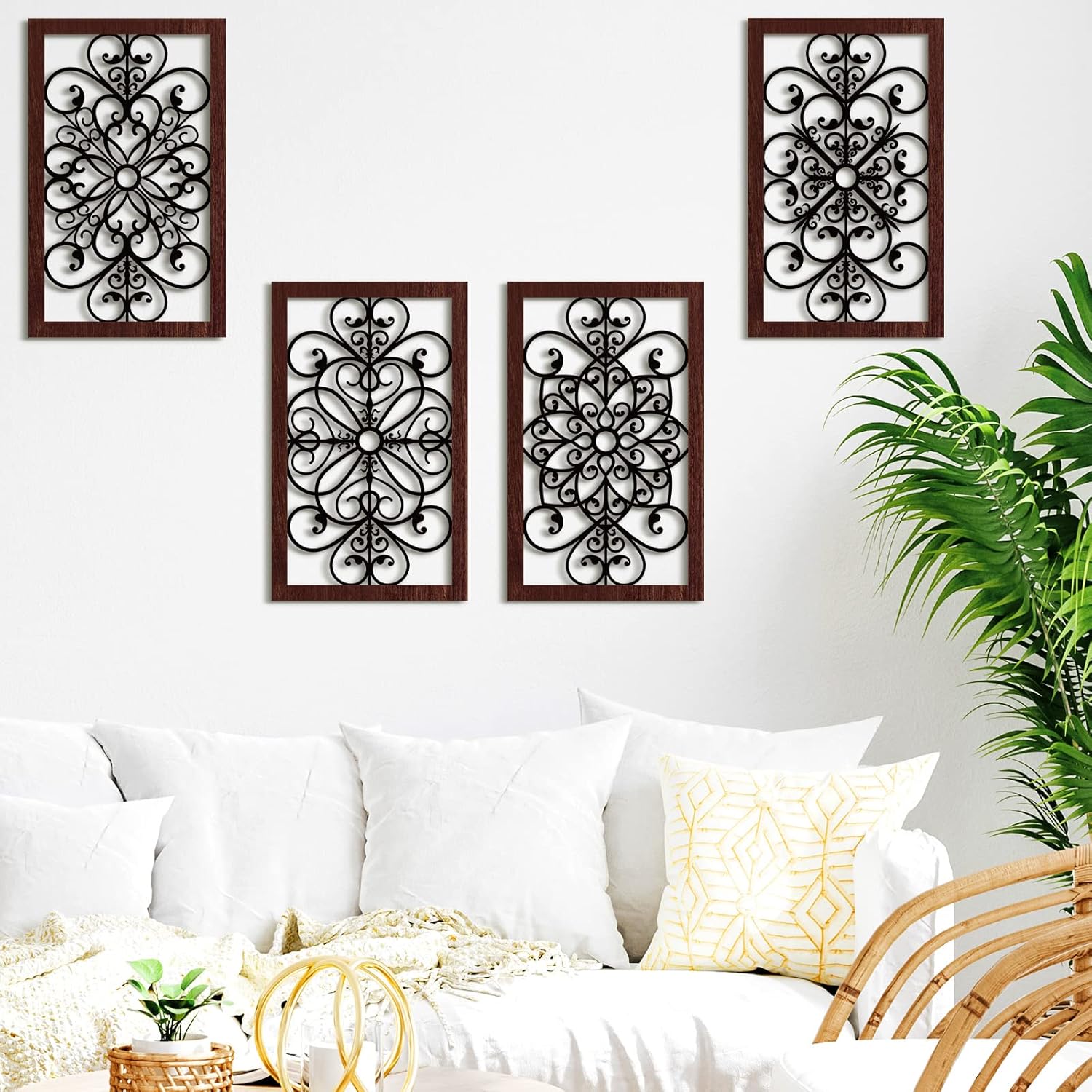 4 Pieces Rustic Wall Decor Modern Farmhouse Wooden Hollow Carved Wall Art for Living Room Bedroom Hallway Office Kitchen
