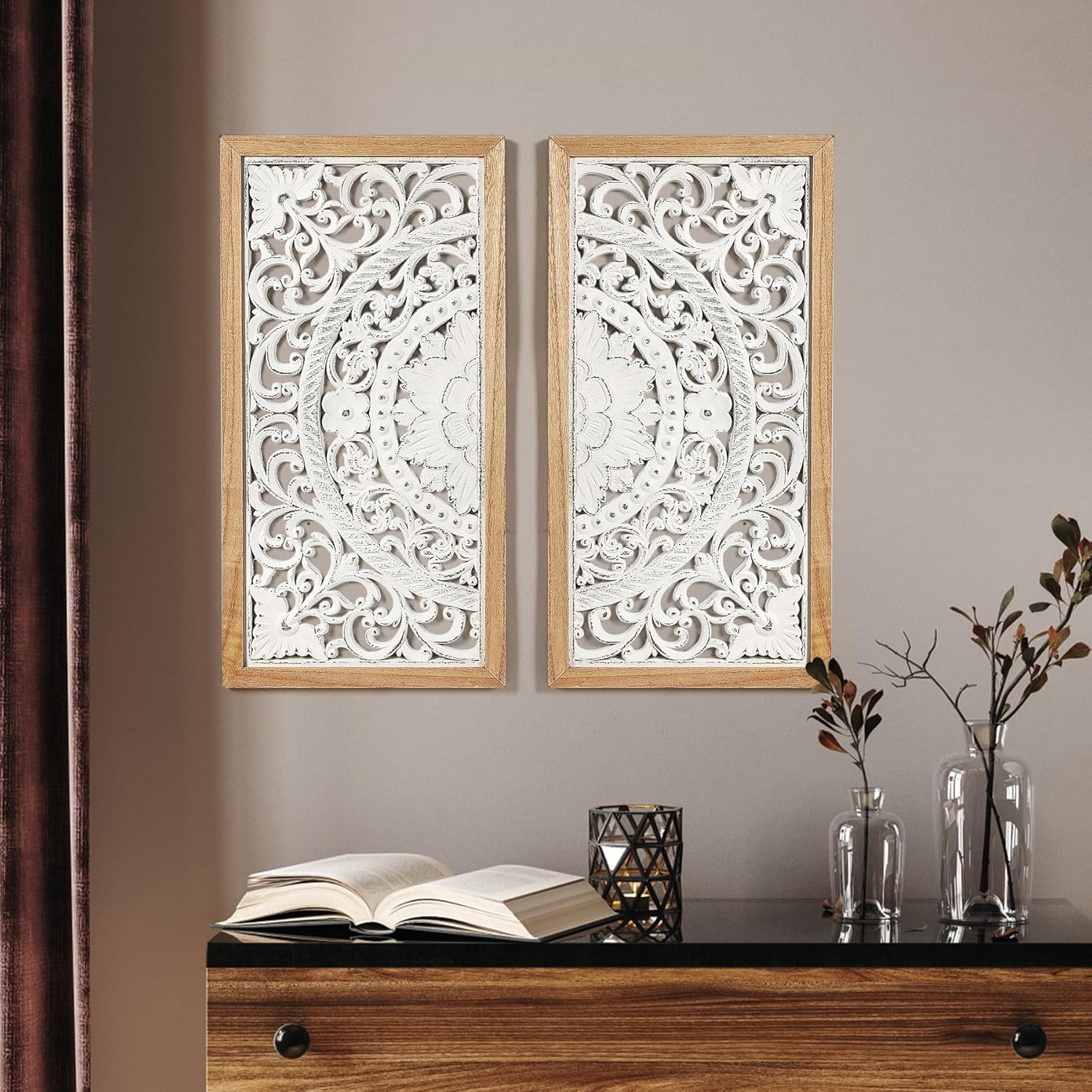 AHUONEL 2 Panel Wall Sculpture Decor Carved Wood Wall Art for Home Living Room Bedroom Entryway Hall Office Decor 23x115