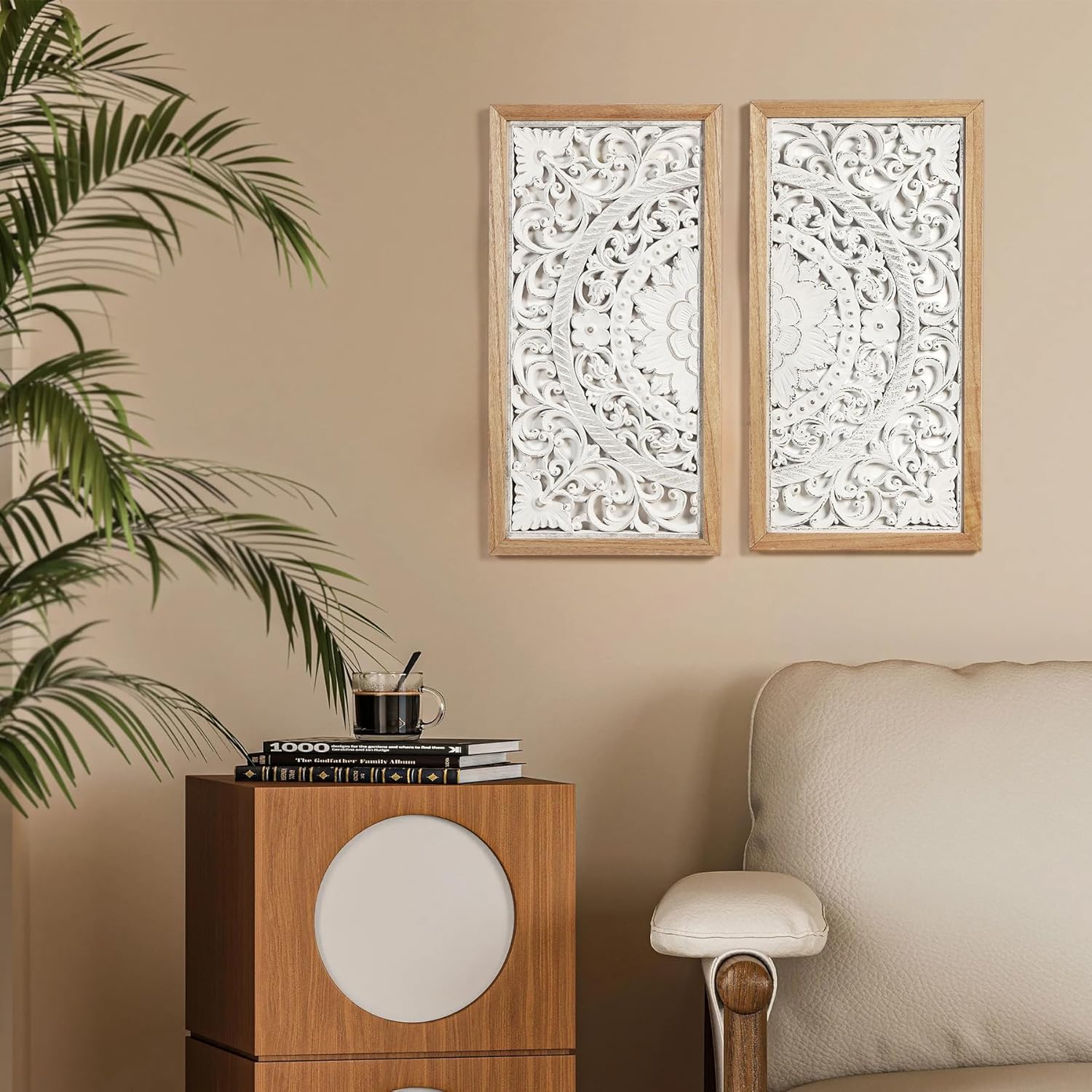 AHUONEL 2 Panel Wall Sculpture Decor Carved Wood Wall Art for Home Living Room Bedroom Entryway Hall Office Decor 23x115