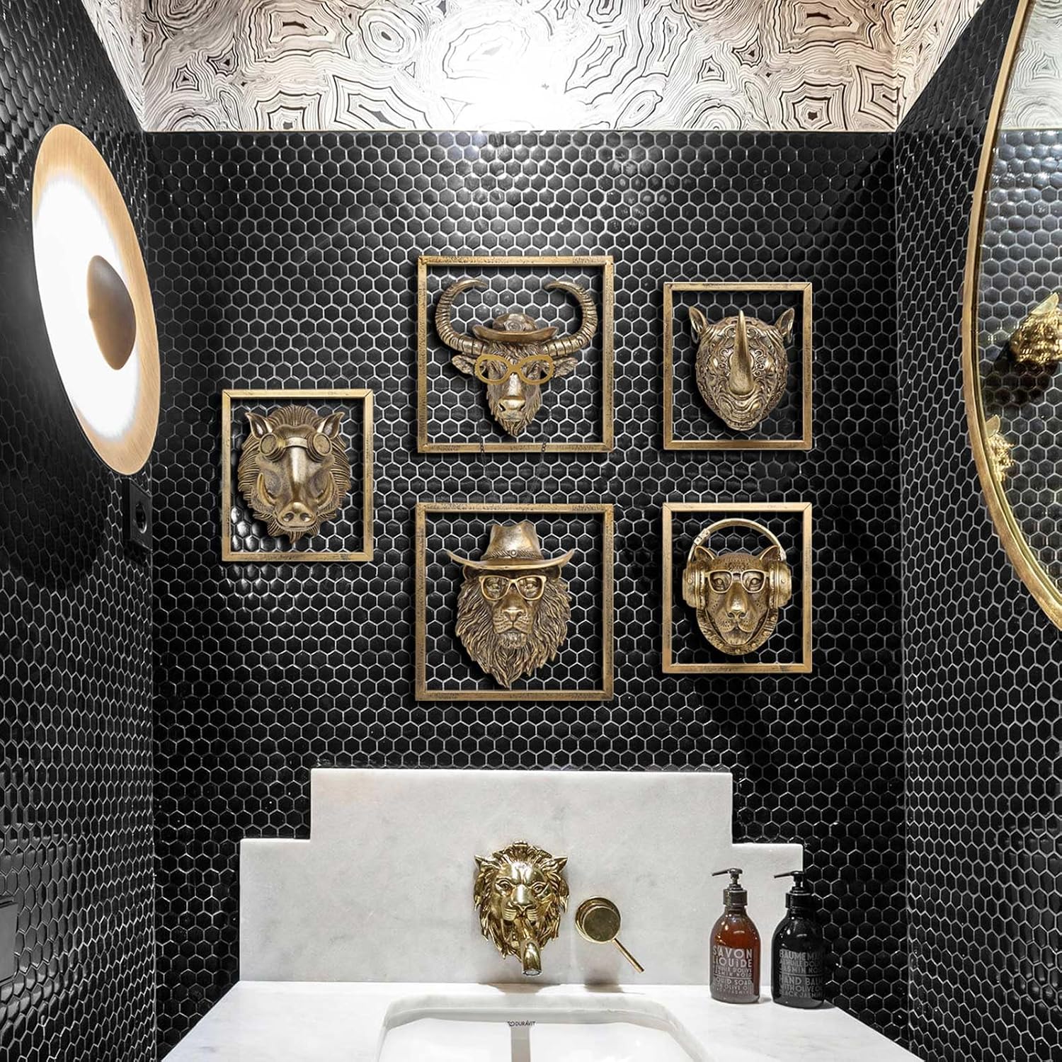 JJALIGHTS Resin Animal Head Wall Sculpture - Imitation Copper Vintage Decor for Living Room Bedroom Office