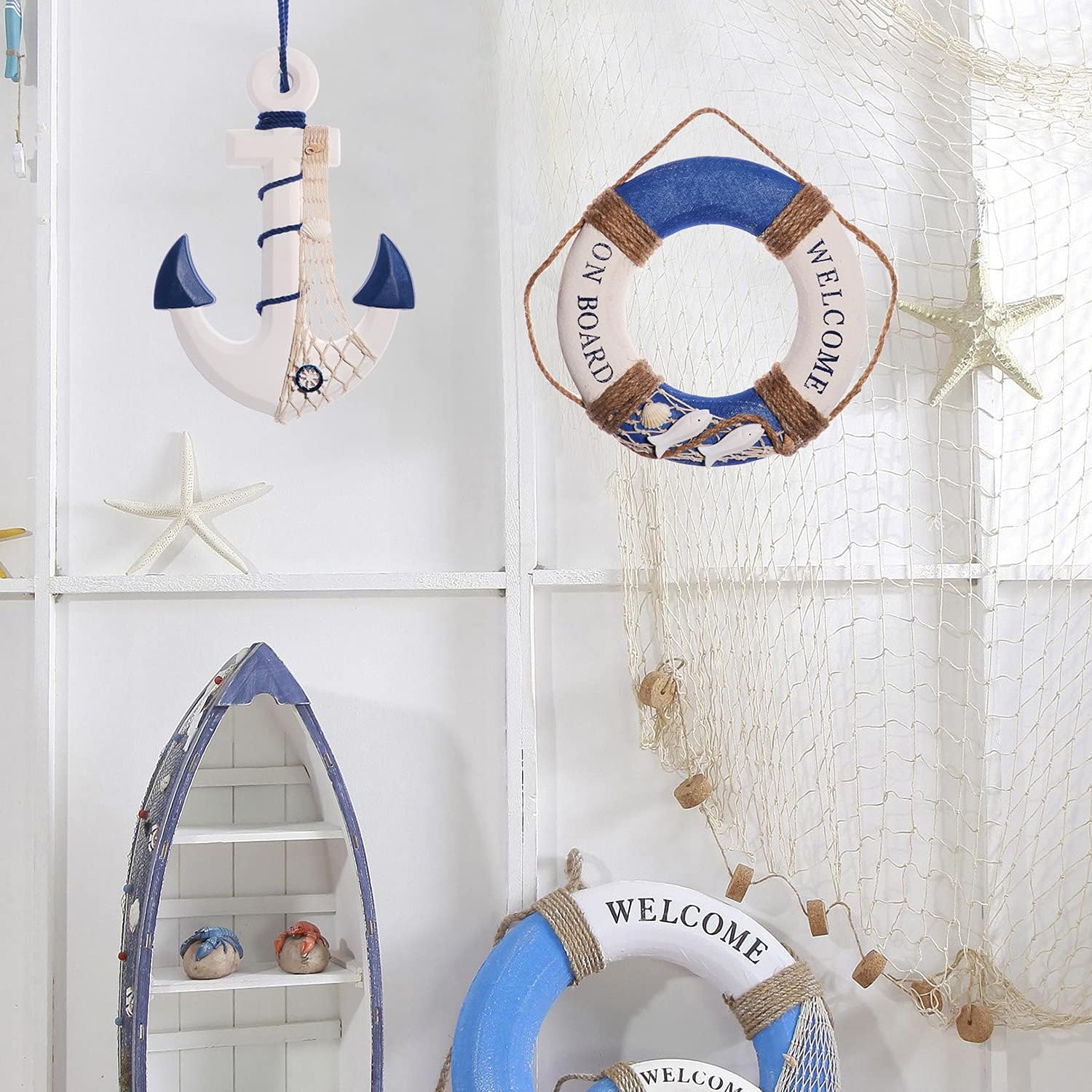 2 Pack 13 Inch Nautical Wooden Ship Wheel and Anchor with Rope Wall Art Decor