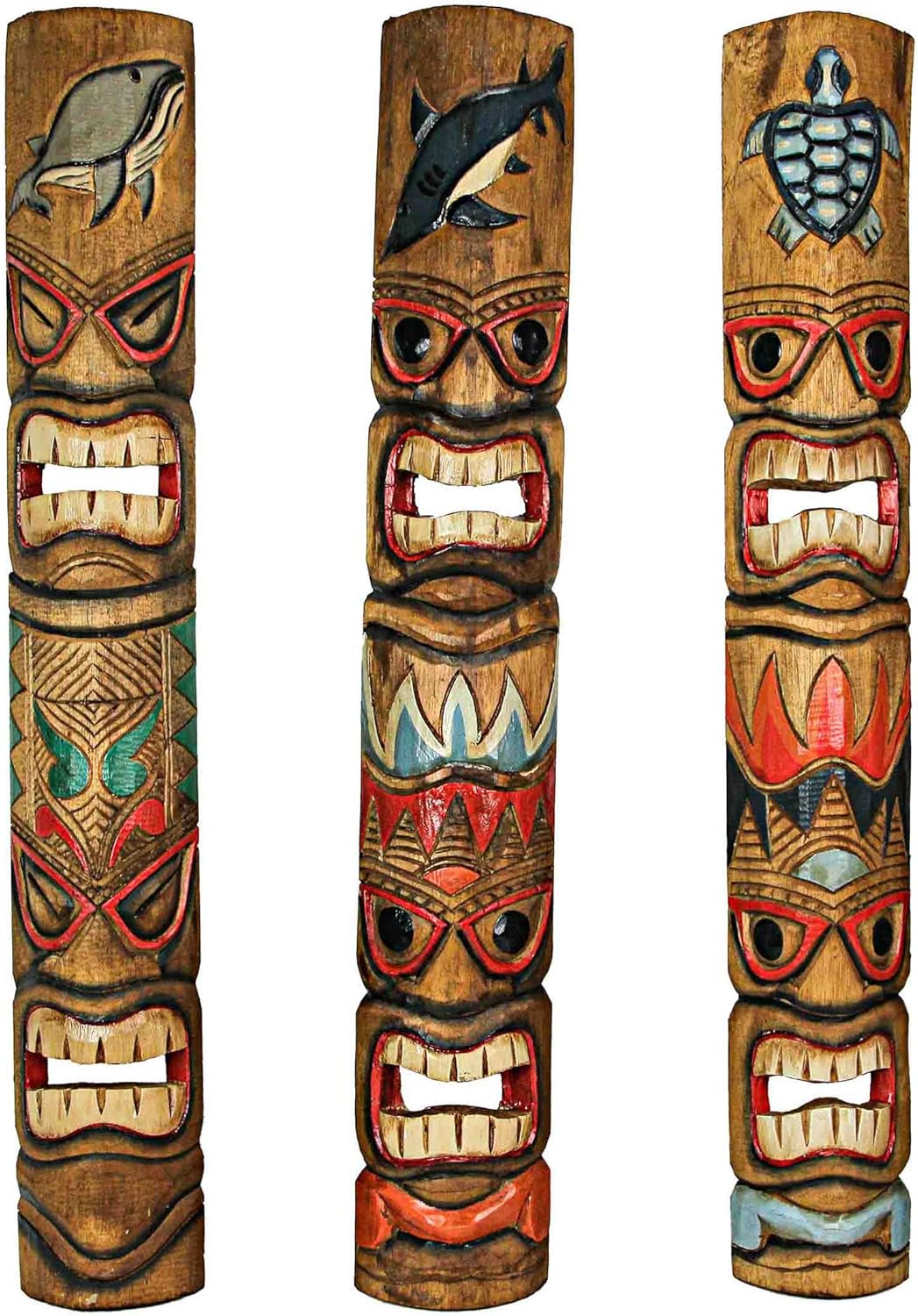 Set of 3 Hand-Carved Ocean Animal Wall Masks - Brown Wood Decor 40 Inch Tall