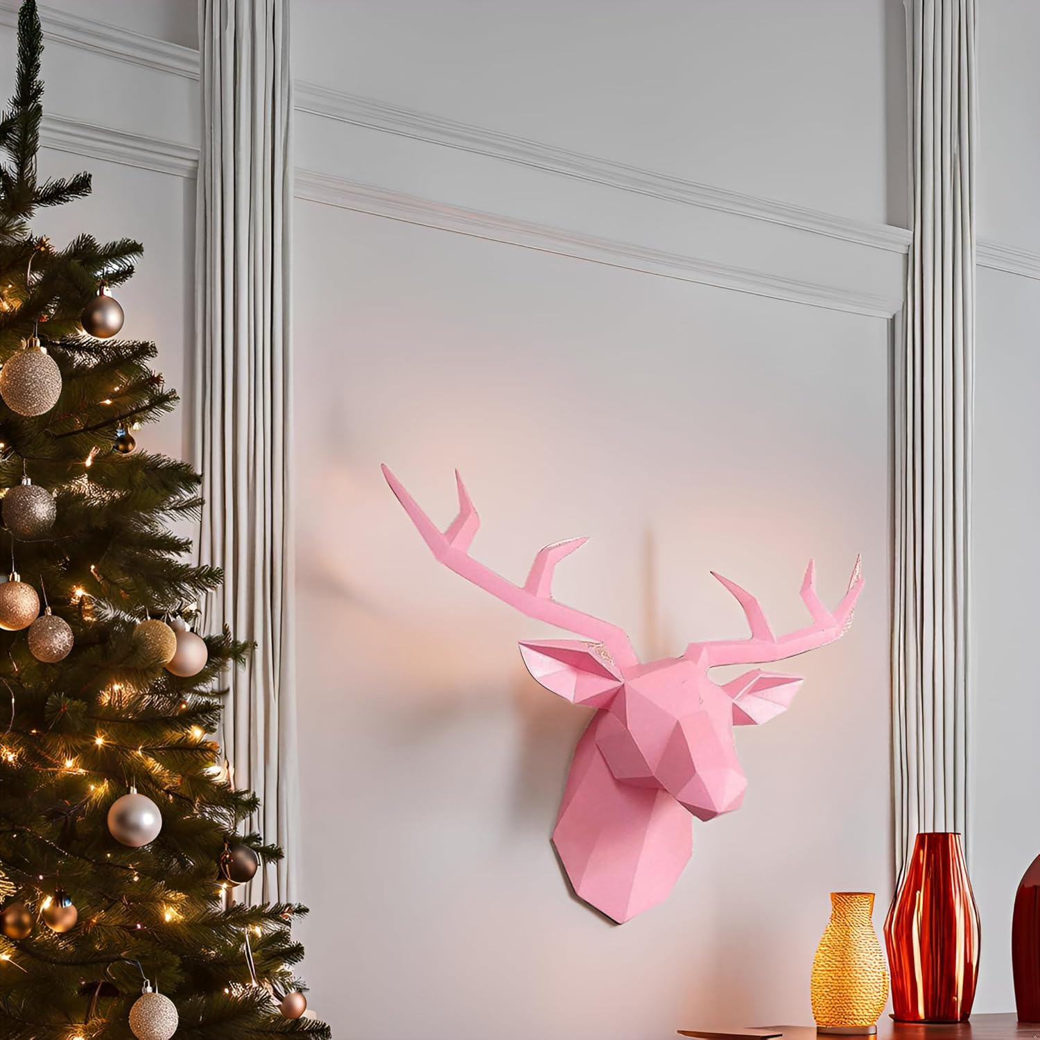 Geometric Deer Head Wall Sculpture - Pink Modern 3D Resin Wall Decoration