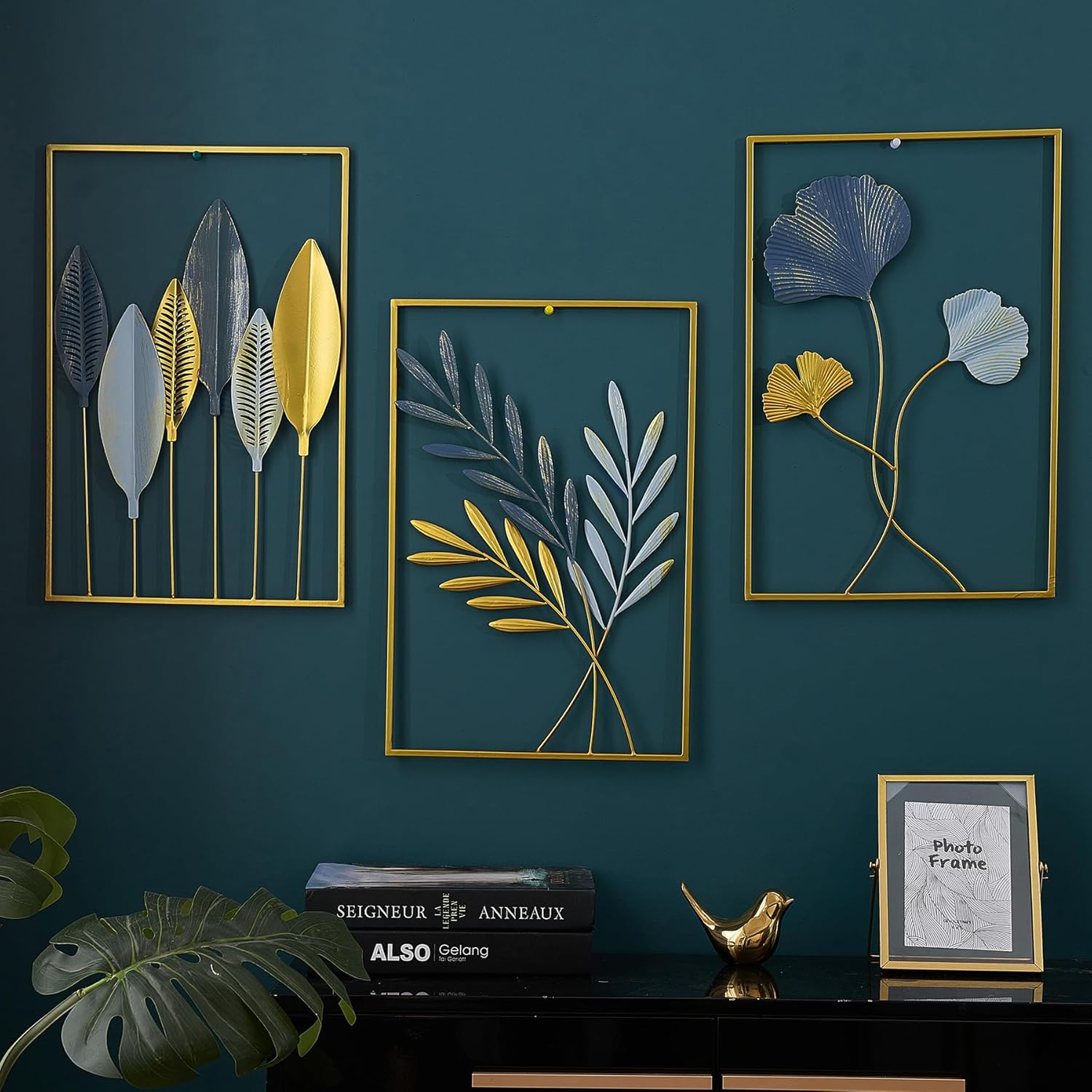 Funterest Gold Leaf Wall Decor Set of 3 Modern Wall Art