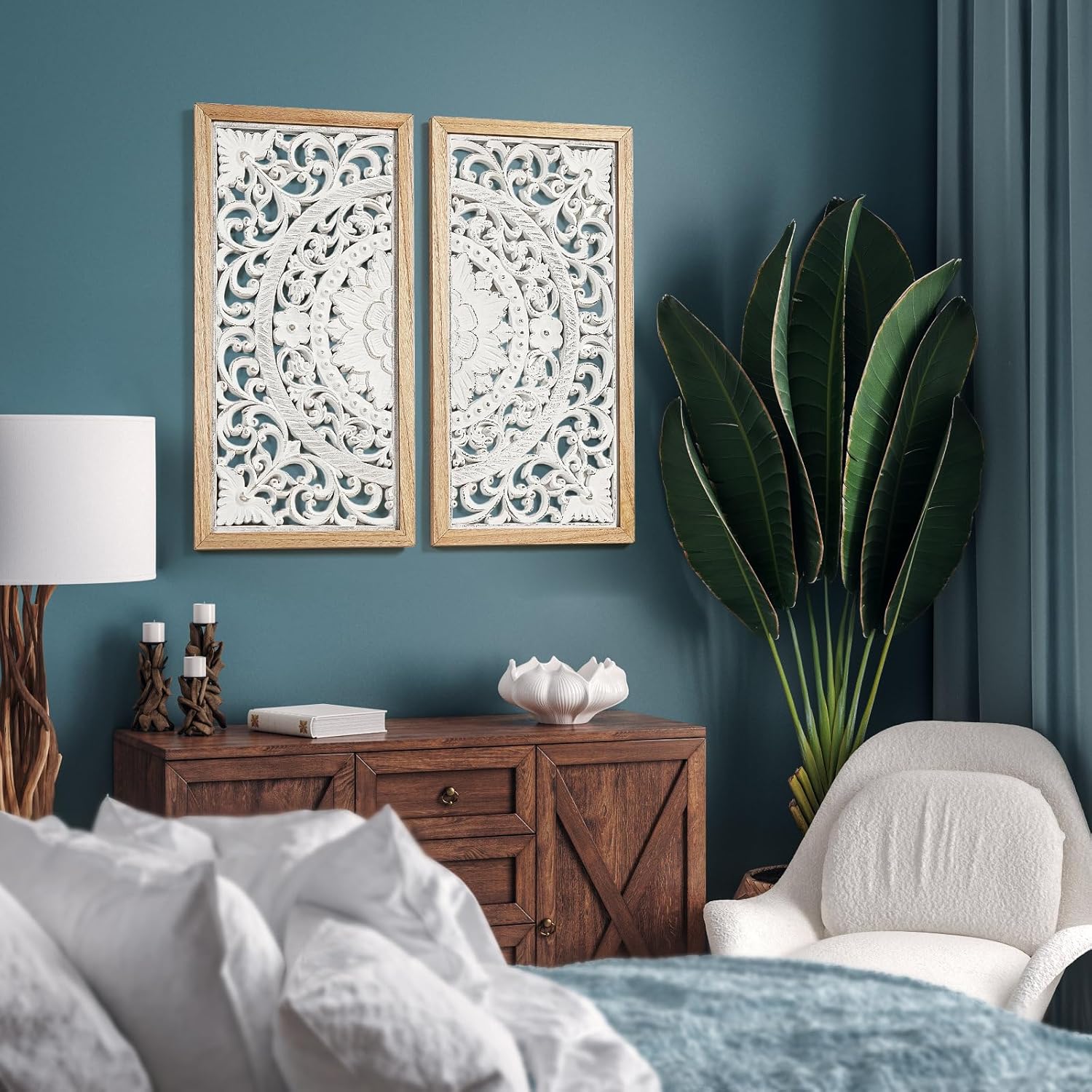 AHUONEL 2 Panel Wall Sculpture Decor Carved Wood Wall Art for Home Living Room Bedroom Entryway Hall Office Decor 23x115