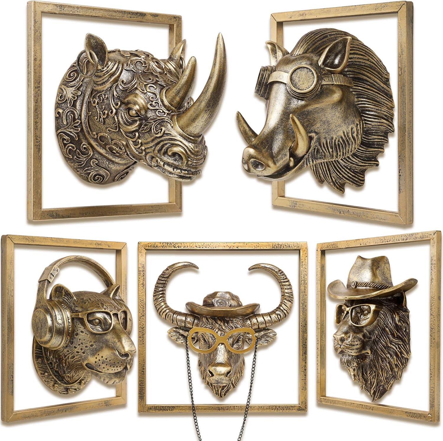 JJALIGHTS Resin Animal Head Wall Sculpture - Imitation Copper Vintage Decor for Living Room Bedroom Office