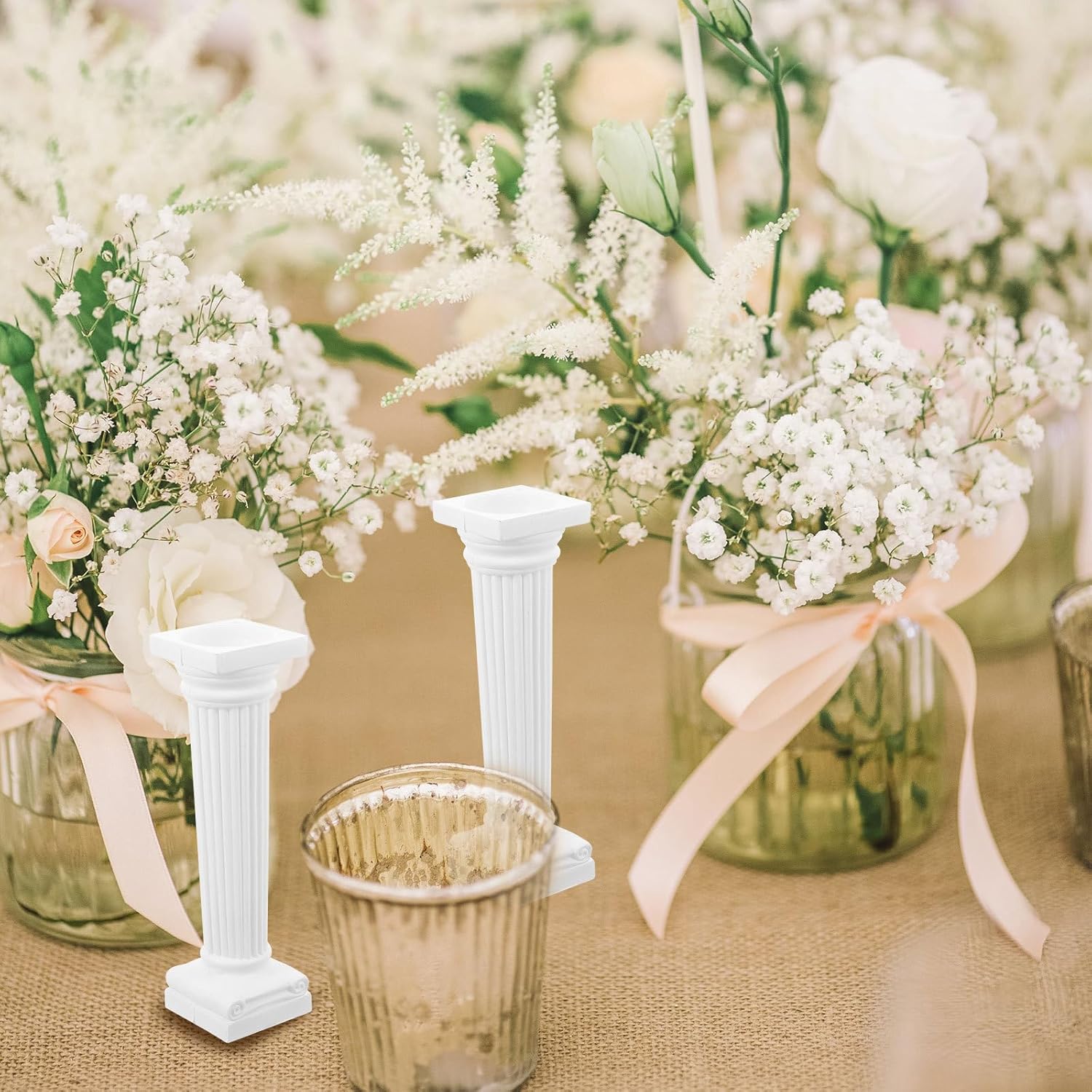 6pcs Roman Pillar Statue Decor - White Plastic Mini Figurine for Home and Wedding