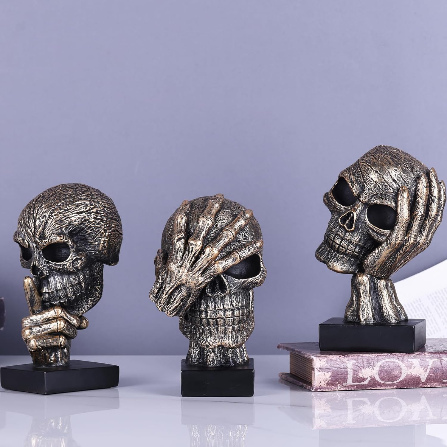 Black and Gold See No Evil Skull Statue - Gothic Halloween Decor