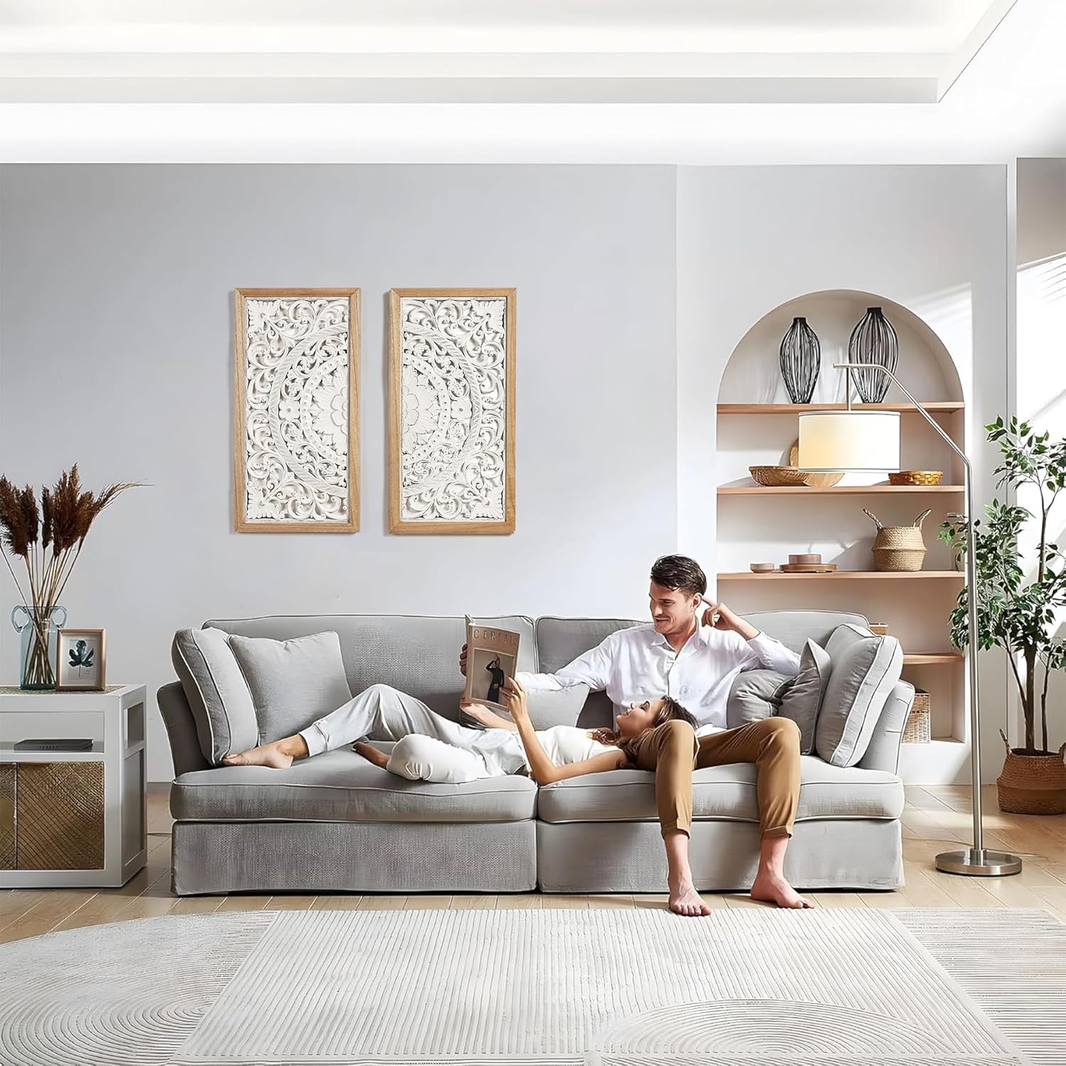 AHUONEL 2 Panel Wall Sculpture Decor Carved Wood Wall Art for Home Living Room Bedroom Entryway Hall Office Decor 23x115