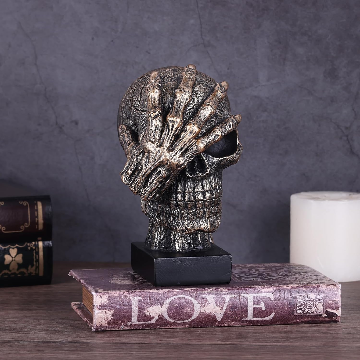 Black and Gold See No Evil Skull Statue - Gothic Halloween Decor