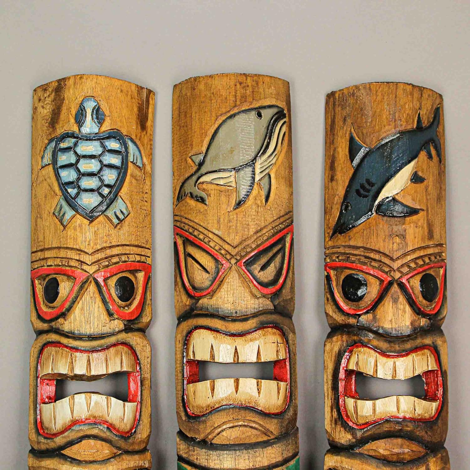 Set of 3 Hand-Carved Ocean Animal Wall Masks - Brown Wood Decor 40 Inch Tall