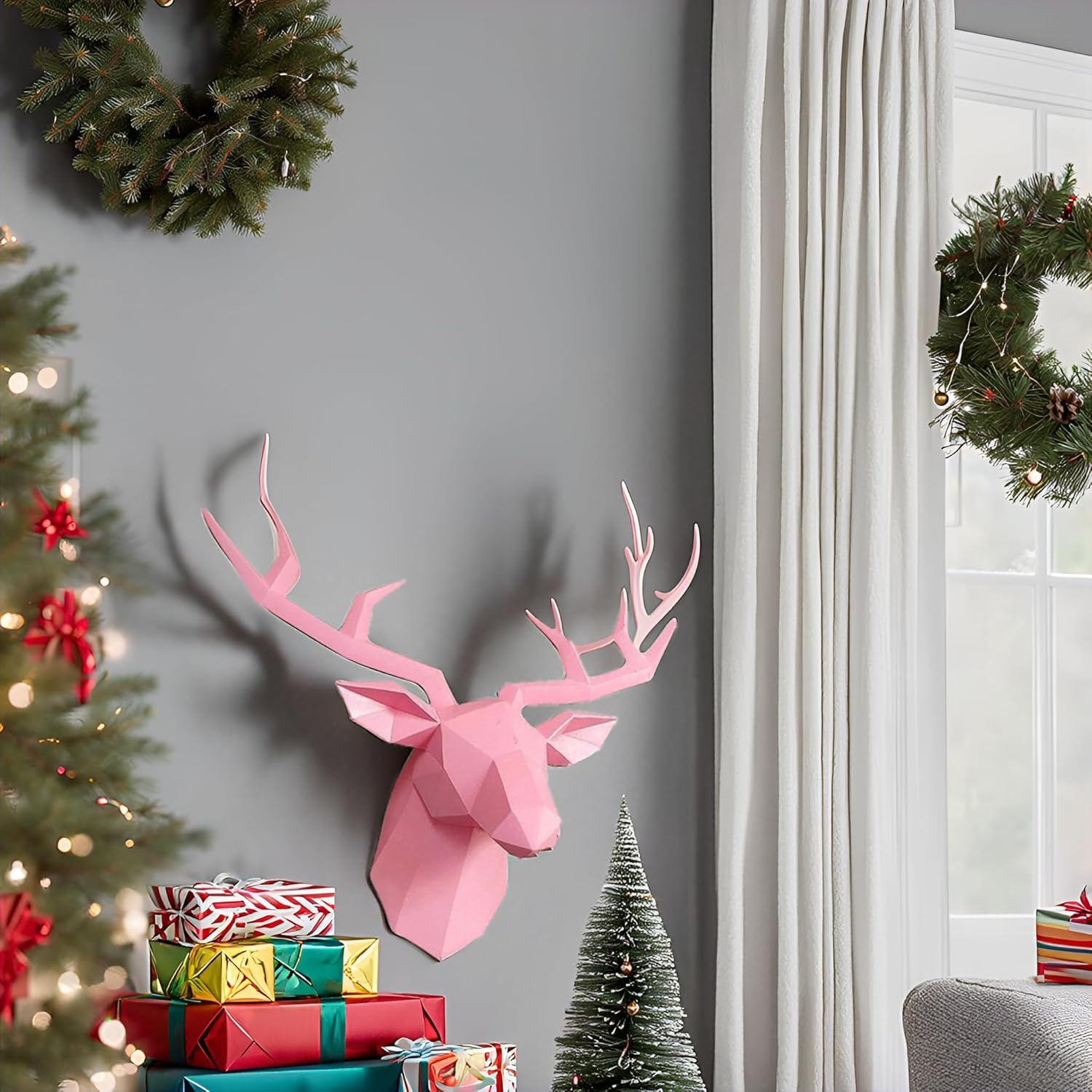 Geometric Deer Head Wall Sculpture - Pink Modern 3D Resin Wall Decoration
