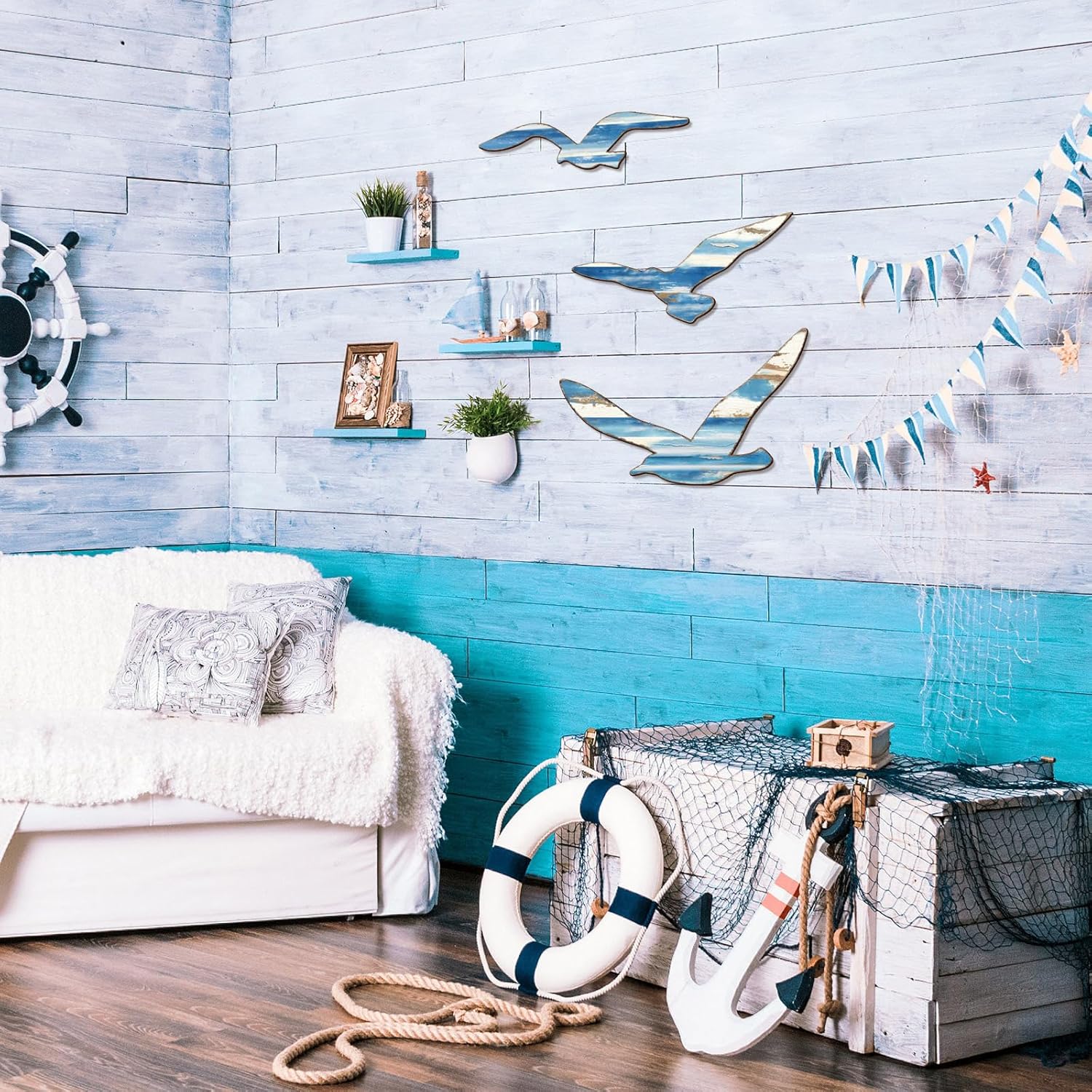 COLOR VALLEY ART 3Pcs Wood Seagull Wall Decor