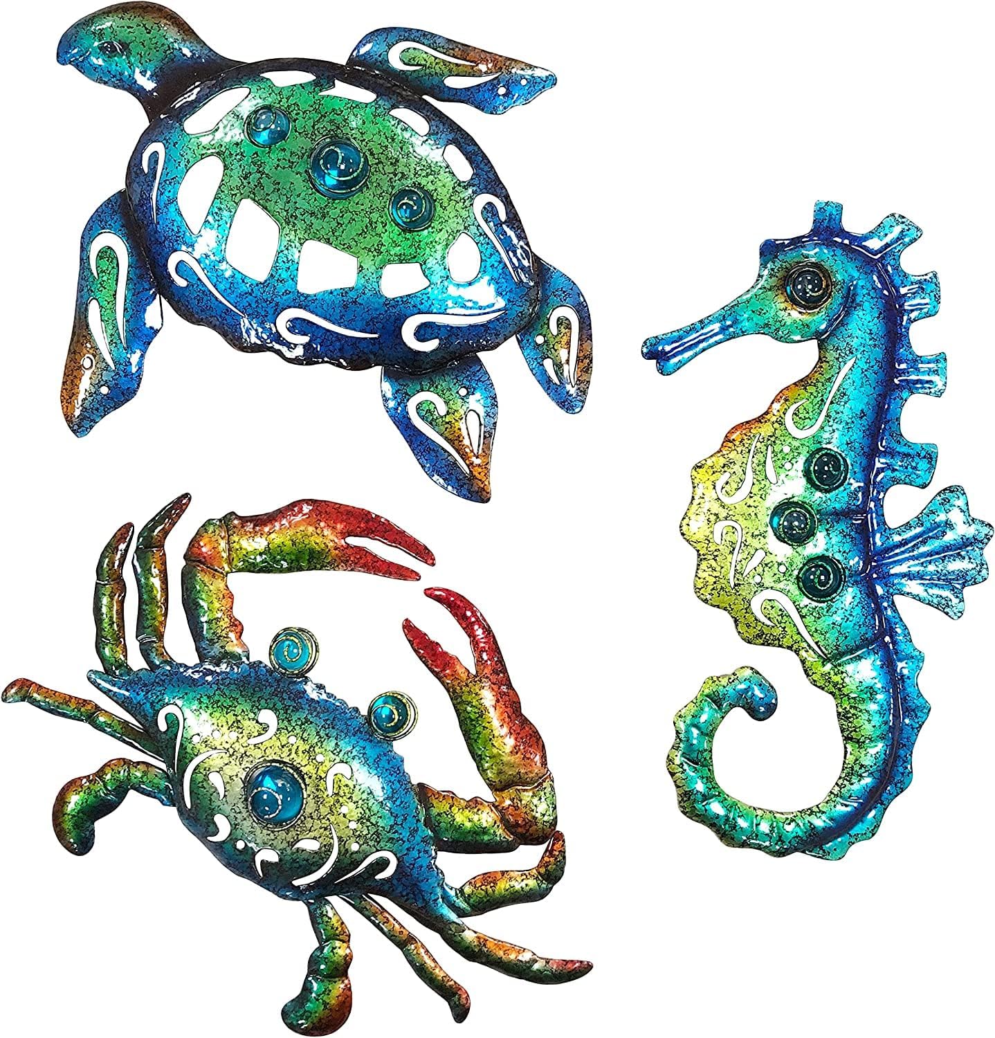 Weibefee 10 Inch Metal Wall Art Set of 3 Sea Turtle Seahorse Crab