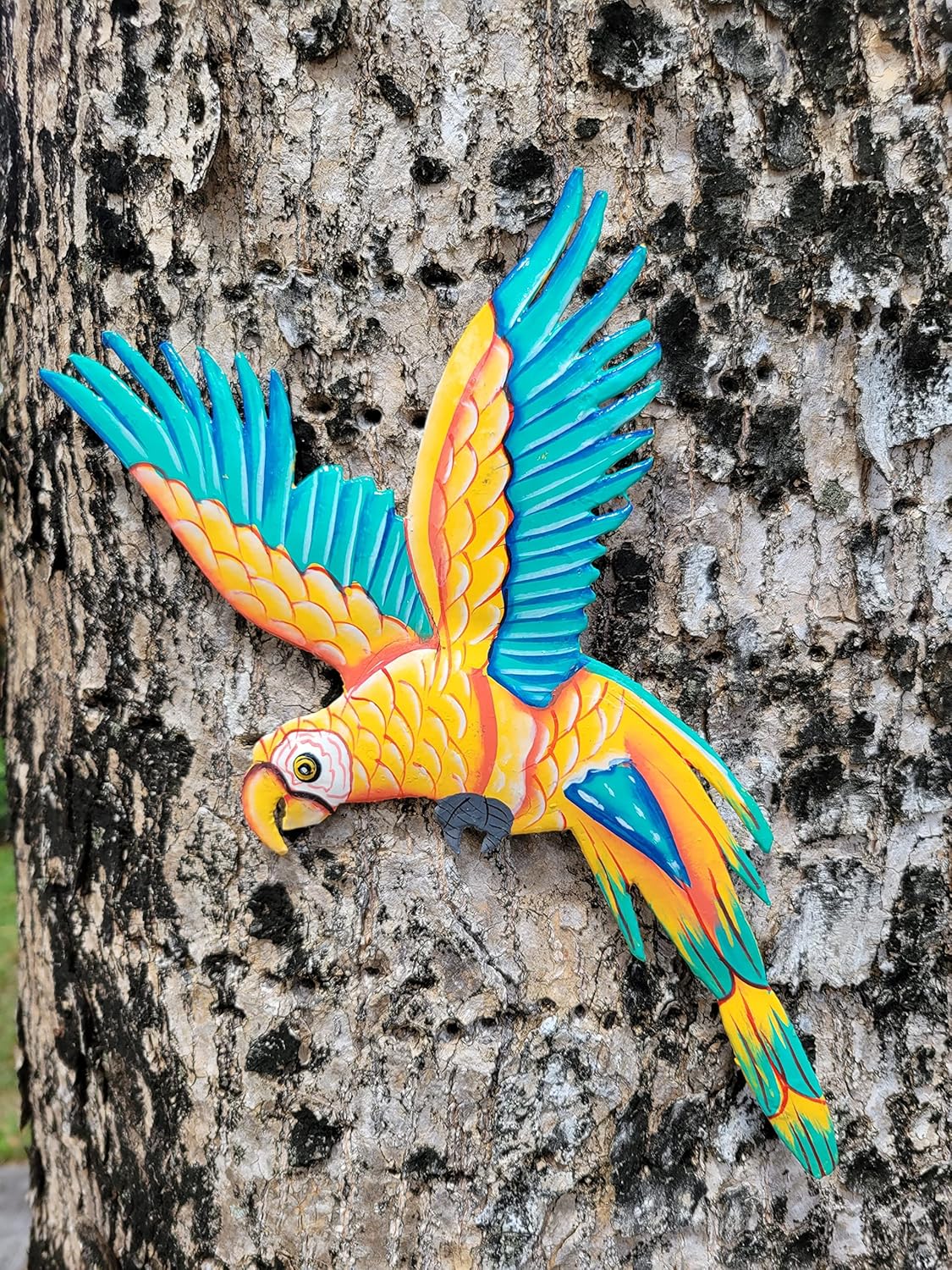 Handmade Wall Sculpture Metal Parrot Coral Yellow Blue Teal Medium Haiti Artisanat