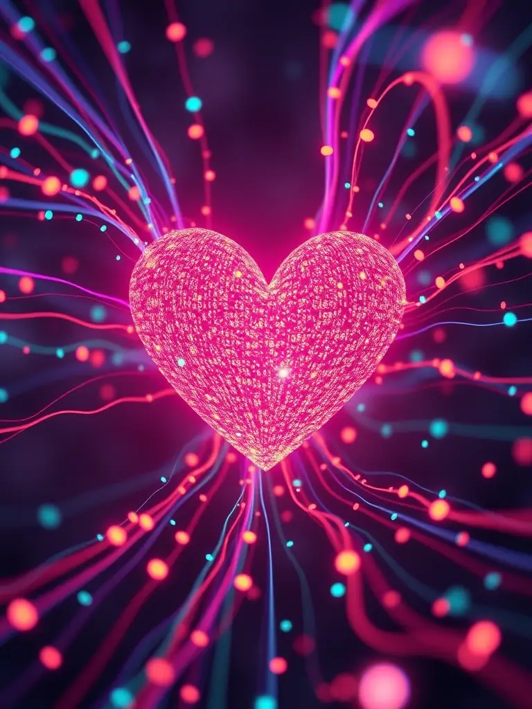 A dynamic image showing data streams converging to form a heart shape, symbolizing the integration of data and emotion in advertising strategies.