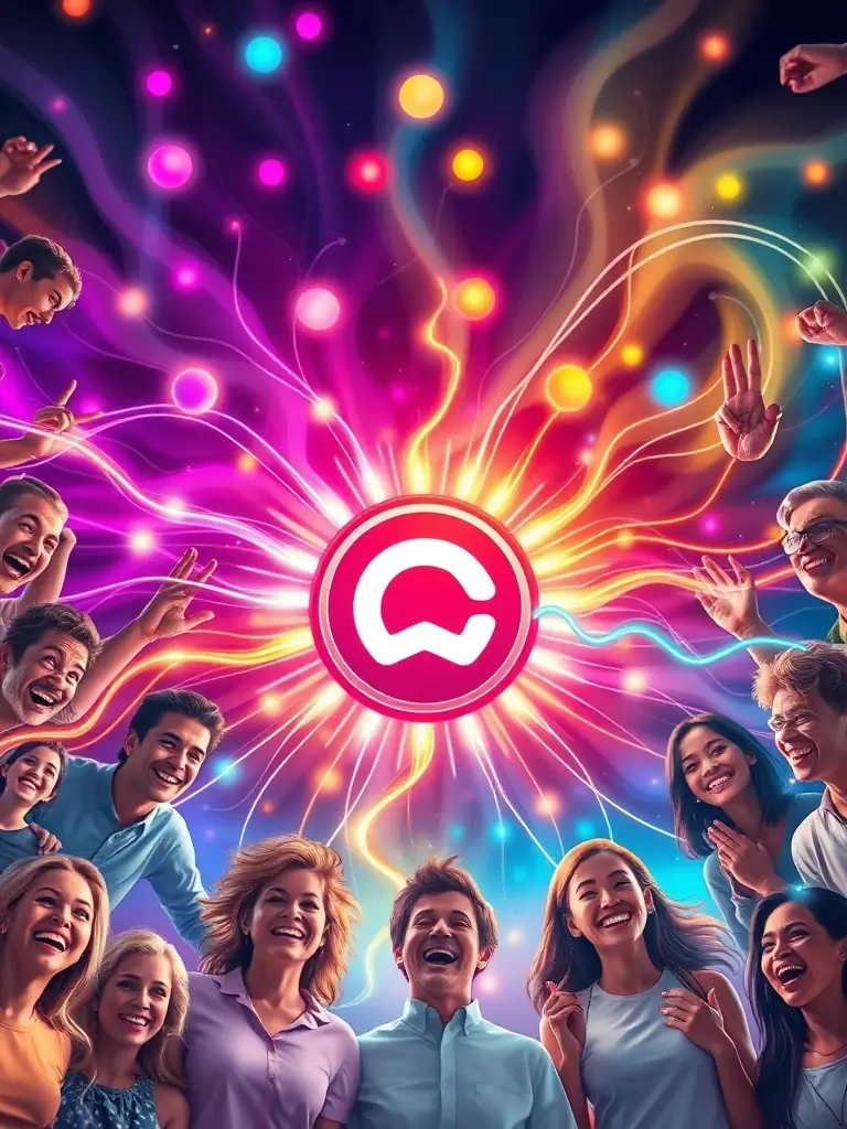 A visually compelling image depicting a chain reaction of positive emotions spreading from a brand logo to a group of diverse consumers, symbolizing the impact of emotional chain reaction engineering.